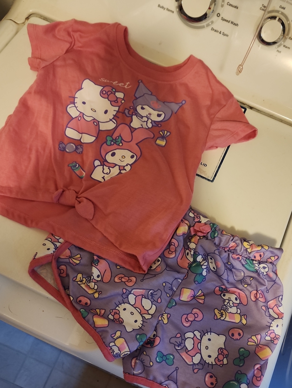 Hello Kitty Kids Matching Pajama Set - Coral Pink Top & Lavender Shorts